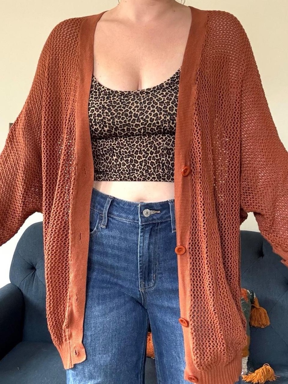 Lush rust orange brown knit mesh textured drapey dolman sleeve cardigan